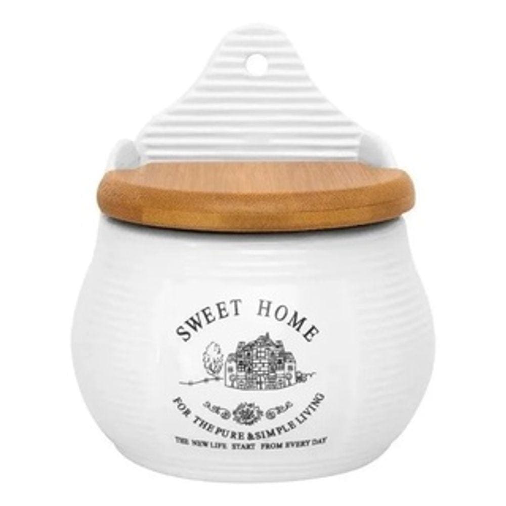 Saleiro De Porcelana Porta Condimento Tampa De Bambu Sweet