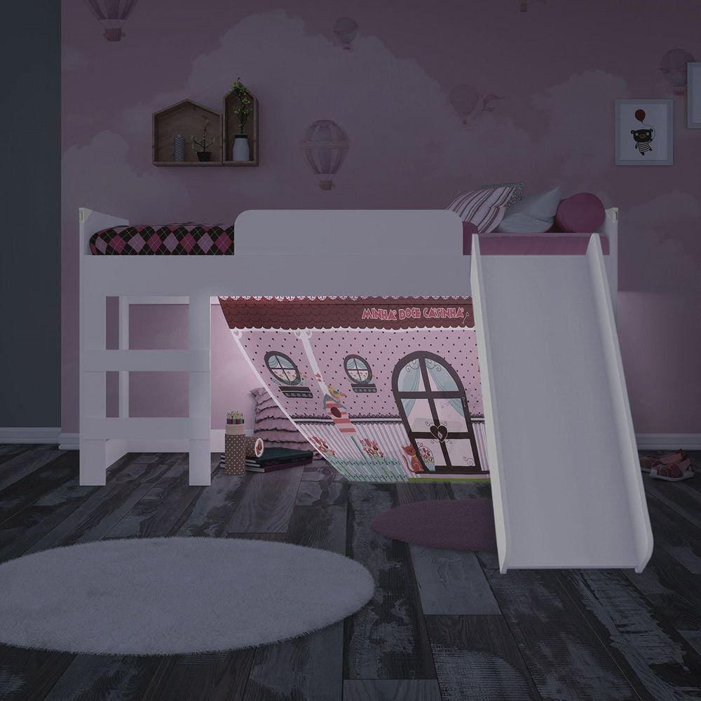 Cama com Escada Joy Cortina Doce Casinha e Luz de LED Pura Magia Branco
