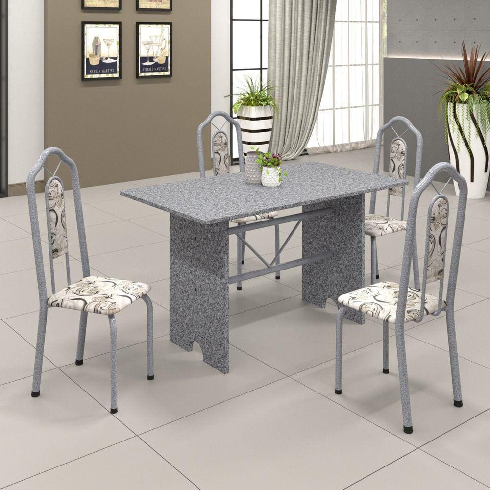 Conjunto de Mesa 120x75cm Tampo Granito com 4 Cadeiras Bianca Soma Móveis Martelado Perola/Granito Ocre/Arabesco