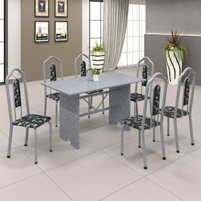 Conjunto de Mesa 140x75cm Tampo Granito com 6 Cadeiras Bianca Soma Móveis Martelado Pérola/Granito Ocre/Preto Floral