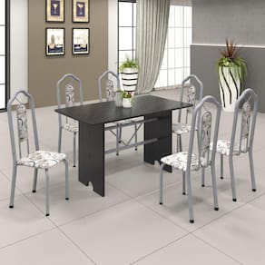 Conjunto de Mesa 140x75cm Tampo Ardosia com 6 Cadeiras Bianca Soma Móveis Martelado Pérola/Arabesco