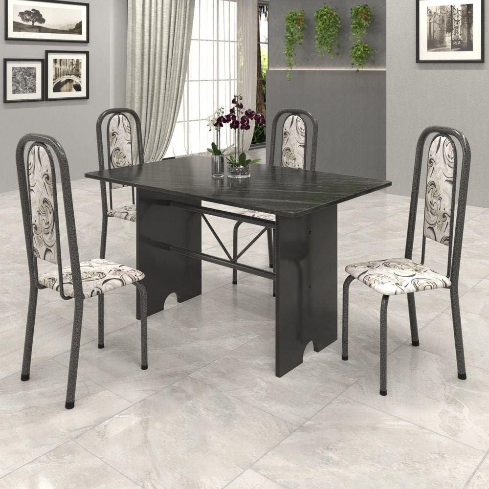 Conjunto de Mesa Tampo Ardósia 120x75cm com 4 Cadeiras Lavínea Soma Móveis Martelado Prata/ Ardosia Indiano/ Arabesco