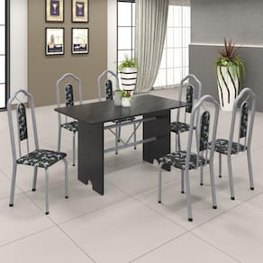 Conjunto de Mesa 140x75cm Tampo Ardosia com 6 Cadeiras Bianca Soma Móveis Martelado Pérola/Preto Floral