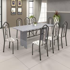 Conjunto de Mesa 180x75cm Tampo Granito com 8 Cadeiras Bianca Soma Móveis Martelado Prata/Ocre/Arabesco