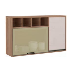 Armário Aéreo 120cm 1 Porta de abrir 1 Porta Basculante Vidro Reflecta e Nicho Mel Luciane Móveis