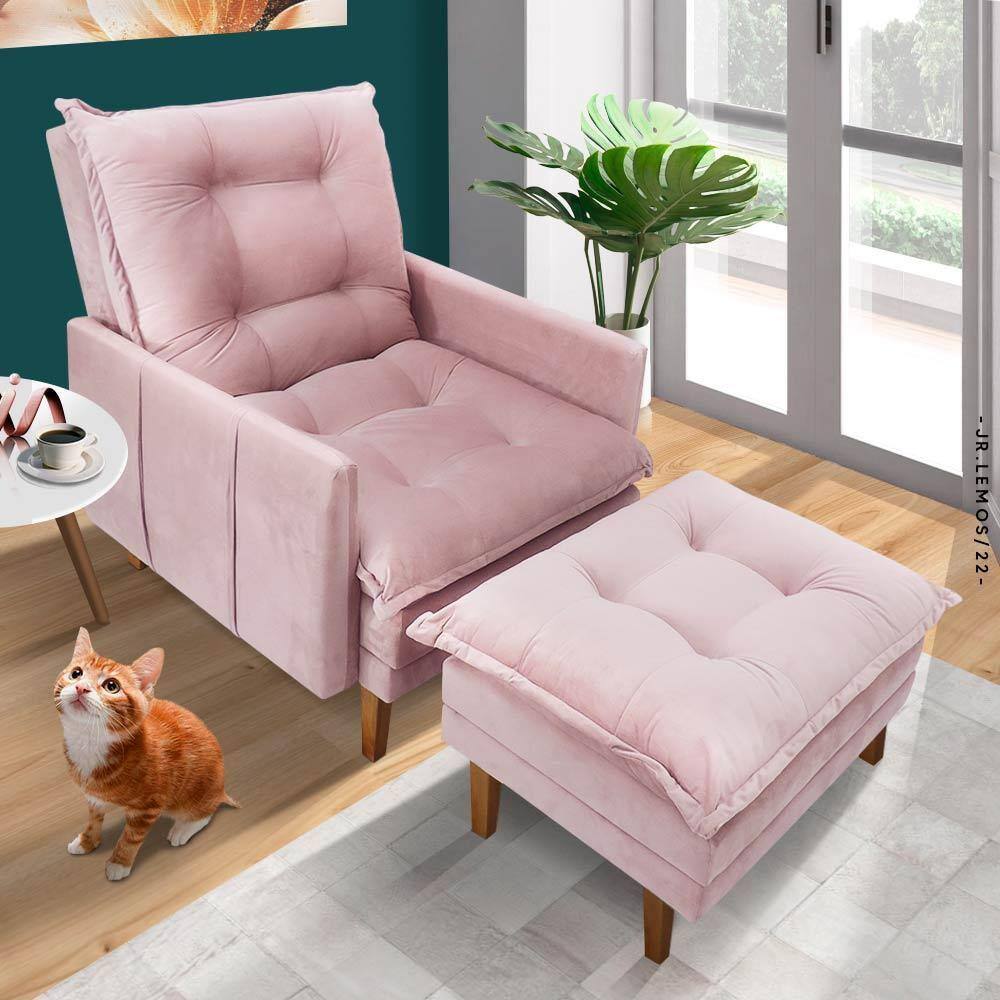 Poltrona Do Papai Reclinável Com Puff Veludo Rose Lisboa Shop JM - Rosê