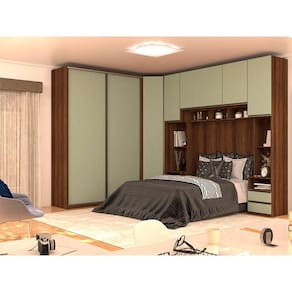 Guarda Roupa de Canto Casal 8 Portas 7 Gavetas Nogueira Dourado com Verde Jade Prime Luciane Móveis