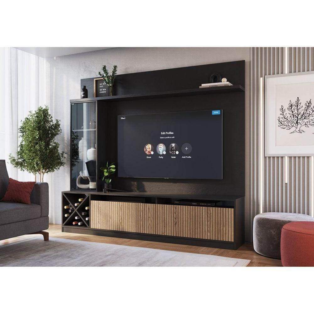 Rack com Impressão Ripado Painel para TV até 50 Polegadas Adega e Cristaleira Turim Quiditá Preto/Brise