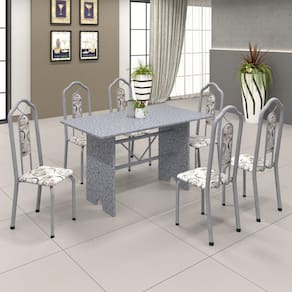 Conjunto de Mesa 140x75cm Tampo Granito com 6 Cadeiras Bianca Soma Móveis Martelado Perola/Granito Ocre/Arabesco