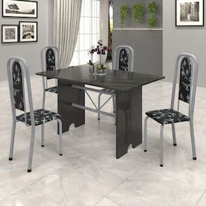 Conjunto de Mesa Tampo Ardósia 120x75cm com 4 Cadeiras Lavínea Soma Móveis Martelado Perola/ Ardosia Indiano/ Preto Floral