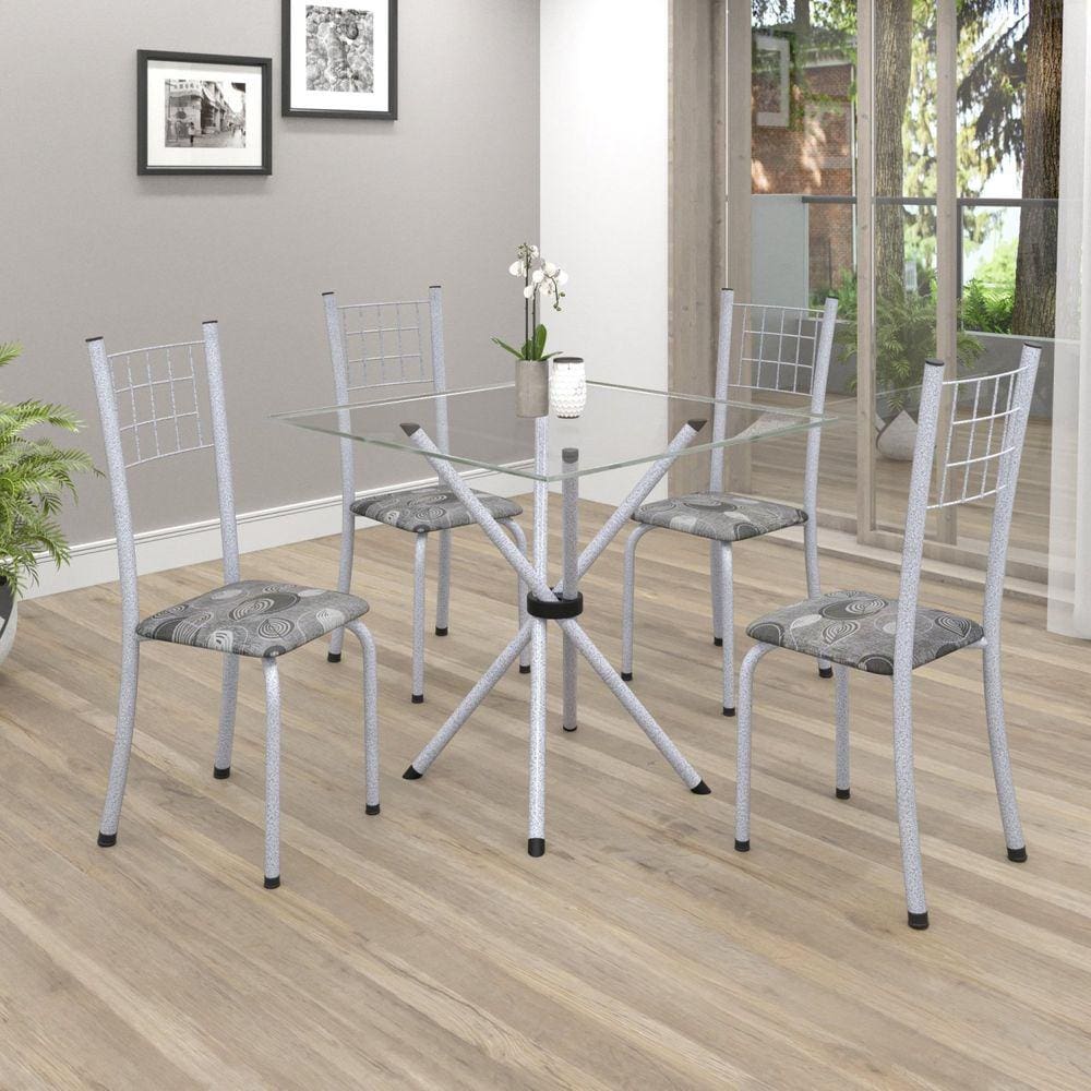 Conjunto de Mesa Tubular 70x70cm Tampo em Vidro com 4 Cadeiras Dany Soma Móveis Paraopeba/Martelado Perola/Incolor