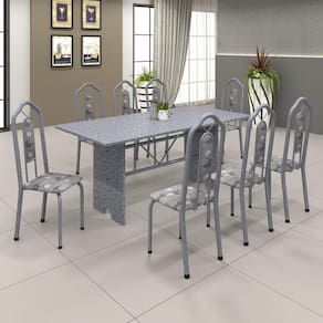 Conjunto de Mesa 180x75cm Tampo Granito com 8 Cadeiras Bianca Soma Móveis Martelado Pérola/Ocre/Paraopeba