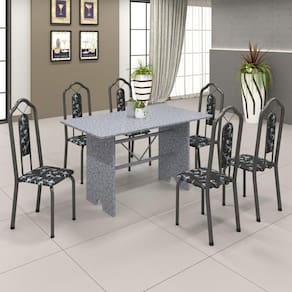 Conjunto de Mesa 140x75cm Tampo Granito com 6 Cadeiras Bianca Soma Móveis Martelado Prata/Granito Ocre/Preto Floral