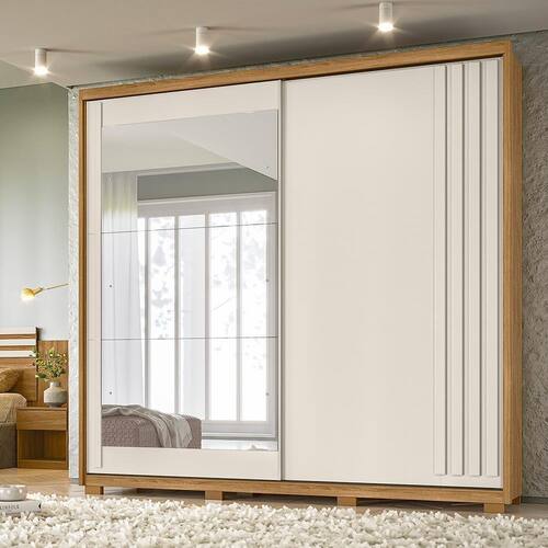 Guarda Roupa Roupeiro Dhara Moval Quarto Moval Casal Espelho 2 Portas 3 Gavetas Madeira Off White