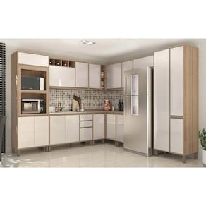 Armário de Cozinha Completa Modulada 10 Peças com Tampo e Vidro Reflecta Luciane Móveis