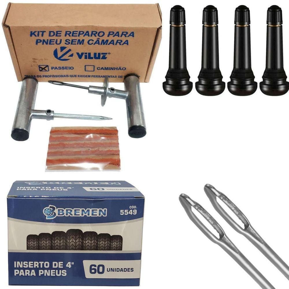 Kit Reparo De Pneus Viluz 60 Remendos 4 Bicos 2 Agulhas