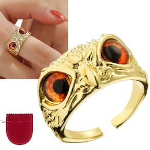 Anel Dourado Banhado A Ouro 18K Coruja Olho Laranja