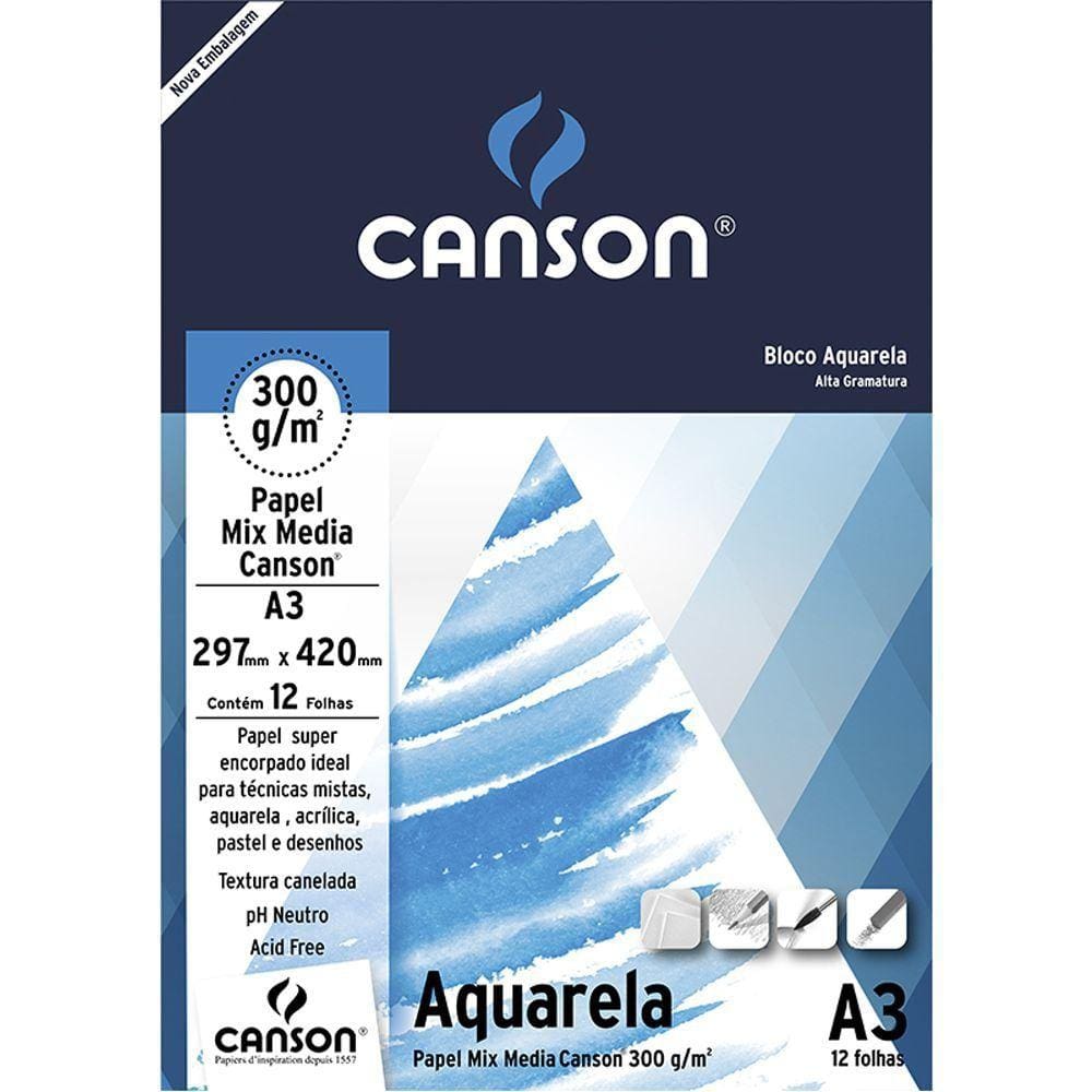 Bloco Canson Papel Aquarela Mix Media A3 300 g/m 12 Fls