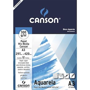 Bloco Canson Papel Aquarela Mix Media A3 300 g/m 12 Fls