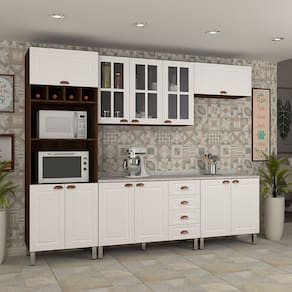 Cozinha Modulada Compacta 5 Peças com Tampo Nogueira Dourado com Branco Safira Luciane Móveis
