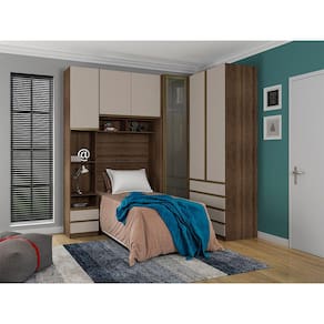 Guarda Roupa Solteiro de Canto com Vidro Reflecta Nogueira Dourado com Connect Prime Luciane Móveis