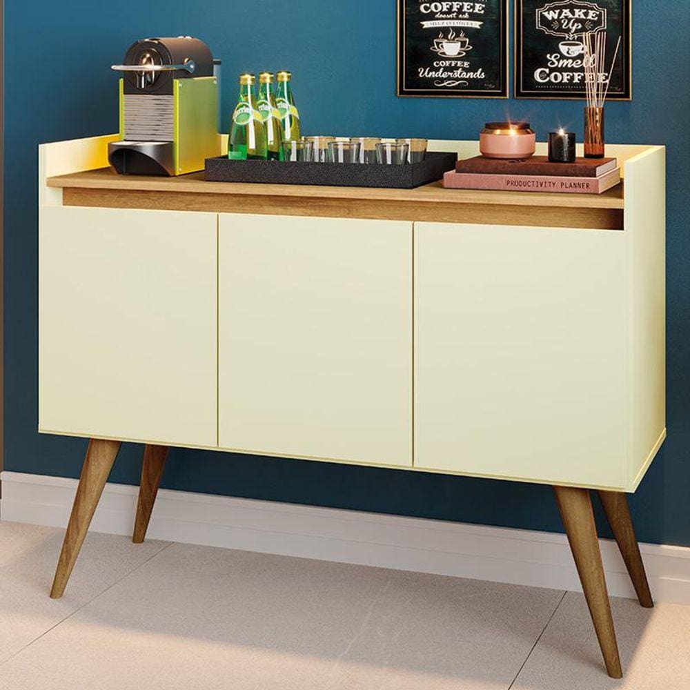 Aparador Buffet Sala Gold 3 Portas com Pés de Madeira Maciça