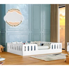 Cama Casal Branca Helo com Cercado + Luminária Led