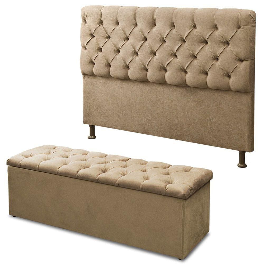 Cabeceira Mais Calçadeira Baú Casal 140cm Para Cama Box Sofia Suede Bege - SA Móveis