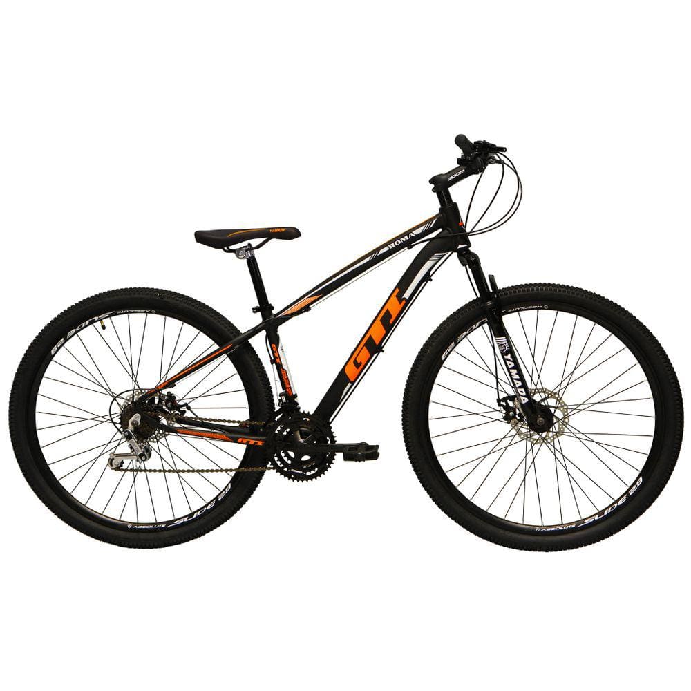 Bicicleta Aro 29 Gti Roma Alumínio 21v Freio a Disco Hidráulico Garfo com Suspensão - Preto/Laranja