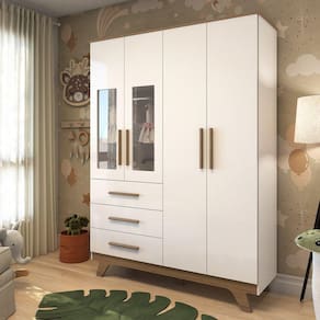 Guarda Roupa Infantil 4 Portas com Janela 3 Gavetas em MDF Kakau Retrô Móveis Peroba Branco Brilho/Carvalho