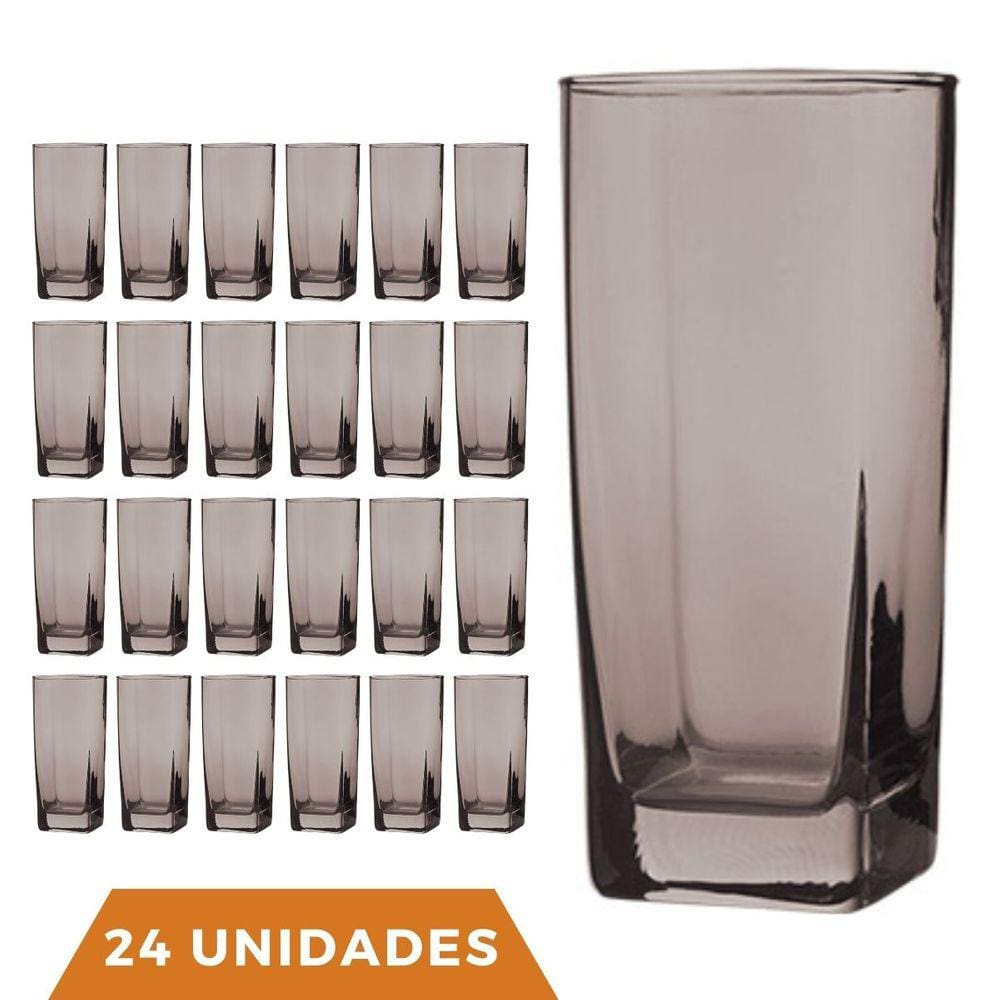 Copo Vidro 320ml Quadrado BALI Jogo com 24 Cinza Luxo Agua