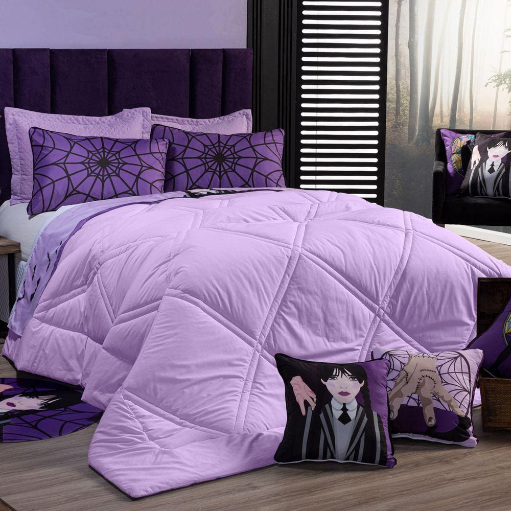 Kit Edredom Wandinha Lilás Casal Padrão c/ Lençol 05 Peças - Dupla Face Percal 200 Fios