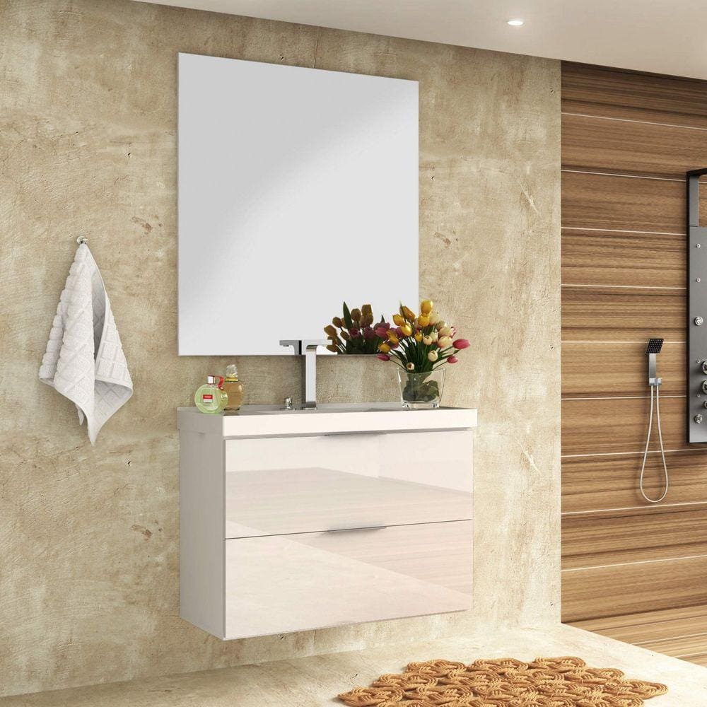 Conjunto para Banheiro Gabinete com Cuba e Espelheira 80cm Pietra Móveis Bosi Branco/Branco Brilho