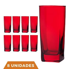 Copo Vidro 320ml Quadrado BALI Jogo com 8 Vermelho Luxo
