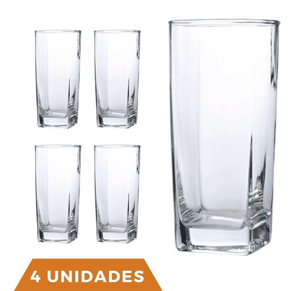 Copo Vidro 320ml Quadrado Bali Jogo com 4 Transparente Luxo