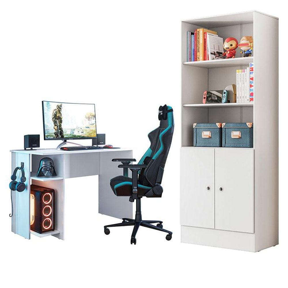 Mesa para Computador 3875 e Armário Gamer 4095 Branco Brilho - Qmovi