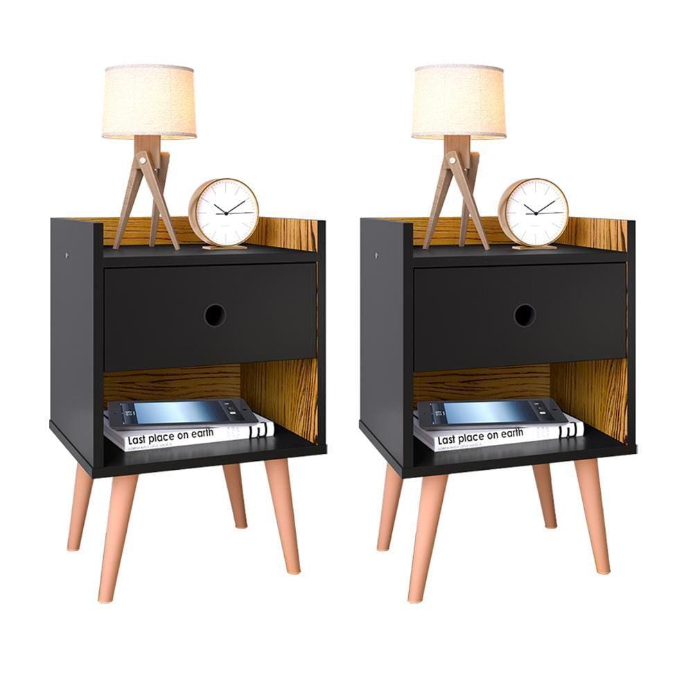 Conjunto 2 Mesas de cabeceira Pequena Retrô Mesinha Quarto Decore Gaveta - Preto / Nature -Lojas RPM