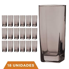 Copo Vidro 320ml Quadrado BALI Kit com 18 Cinza Luxo