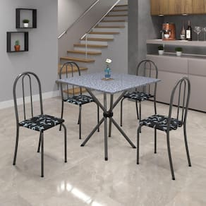 Conjunto de Mesa Tubular 70x70cm Tampo em Granito com 4 Cadeiras Ane B Soma Móveis Preto Floral/Martelado Prata/Granito Ocre