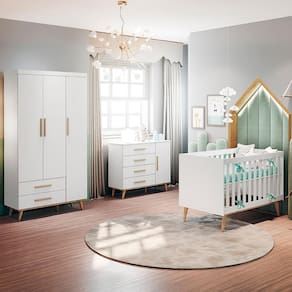 Quarto de Bebê Retrô Ludmila Berço 3 em 1 Guarda Roupa Cômoda Infantil Branco Carolina Baby