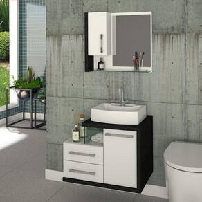 Conjunto para Banheiro Gabinete com Cuba RT41 e Espelheira Legno 650W Compace Branco C/Preto Onix