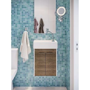 Kit Gabinete Saveiro 2 Portas 40x22cm com Lavatório Integrado e Espelho Celite Branco/Wengue