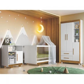 Quarto de Bebê com Berço Minicama, Cômoda e Guarda Roupa 3 Portas Flocos Tigus Baby Branco/Ypê