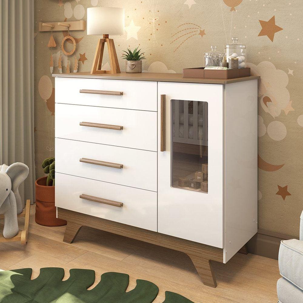 Cômoda Infantil 1 Porta com Janela 4 Gavetas em MDF Kakau Retrô Móveis Peroba Branco Brilho/Carvalho