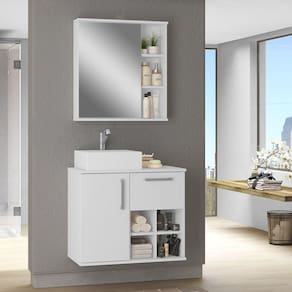 Conjunto para Banheiro 3 Peças 1 Gabinete com Cuba 1 Armário com Espelho 70cm Bia Móveis Bosi Branco