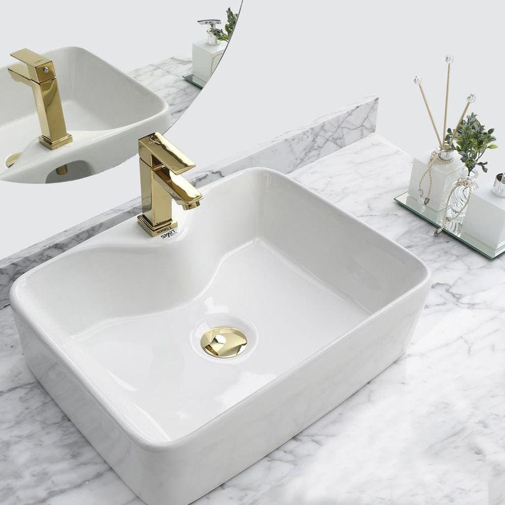 Kit Cuba Pia Louça Cerâmica Banheiro C/ Torn e Vál Dourada 5