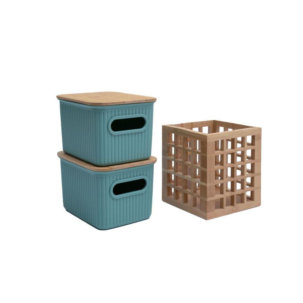 Kit com 2 caixas organizadoras caneladas com tampa de bambu 1,5l e porta utensílios de bambu - Oikos