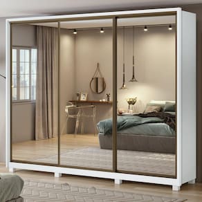 Guarda Roupa Casal com 3 Espelhos 3 Portas de Correr 6 Gavetas e Pés 270,5cm Spazio Super Glass Móveis Lopas Branco