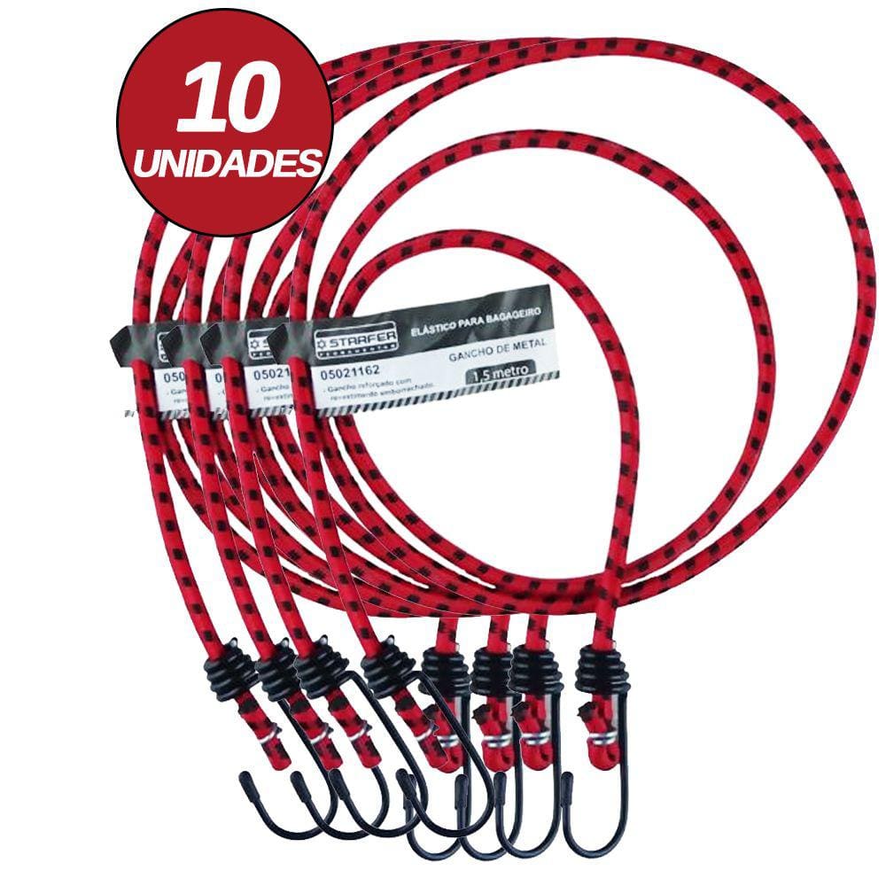 Jogo de 10 Corda Elástico para Bagageiro Bagagem Moto Bike 1,50 Metros Garra de Metal - Starfer