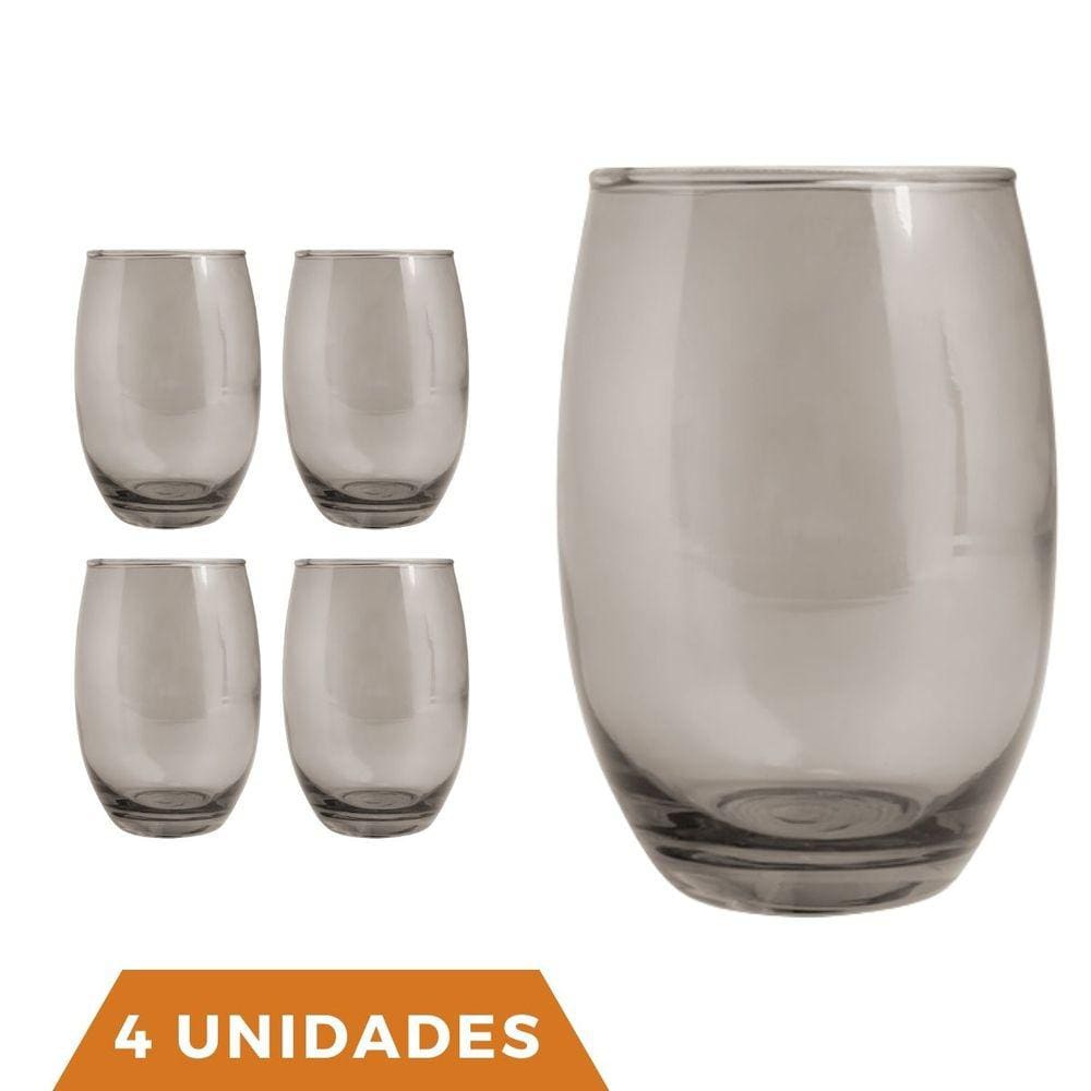 Copo De Vidro 450ml Redondo BELLAGIO Jogo com 4 Cinza Luxo